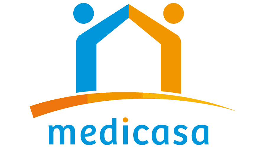 Logo: due figure stilizzate che formano una casa, blu e arancione; "medicasa" sotto.