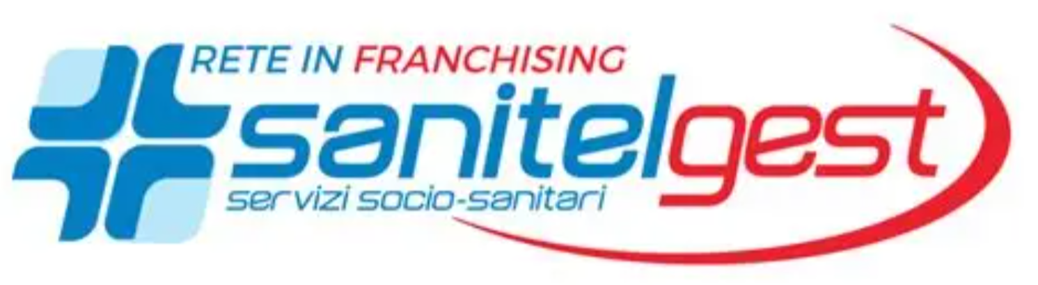 Logo per Sanitelgest, Rete in Franchising servizi socio-sanitari, caratterizzato da una grafica blu e rossa.