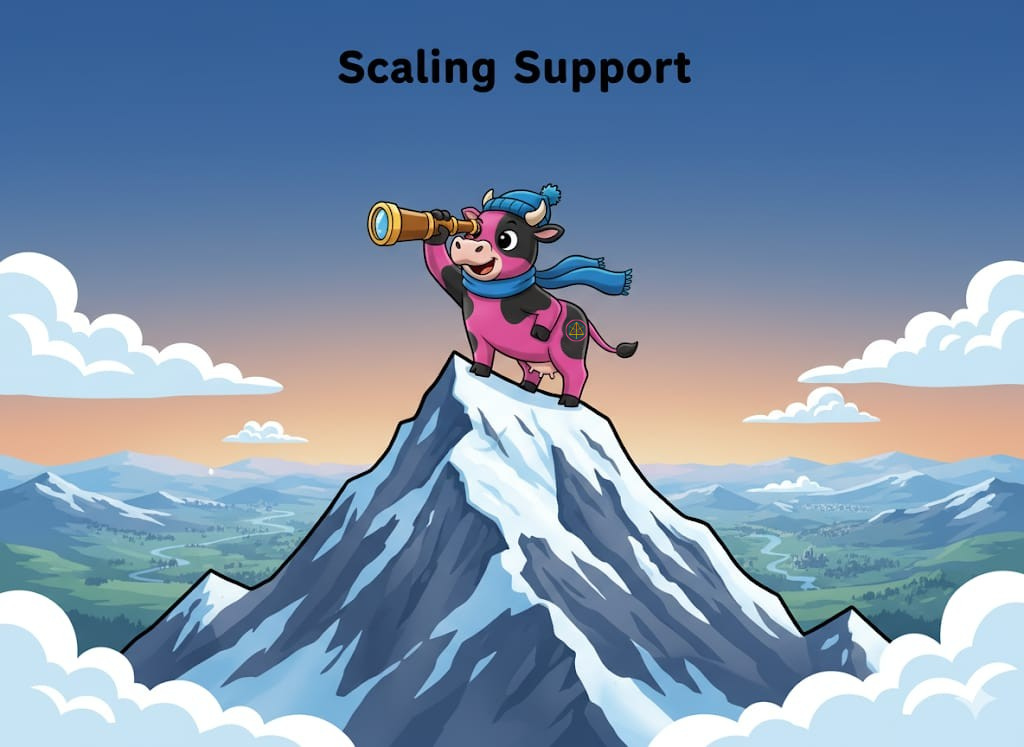 Pink cow with a telescope on a mountain top,