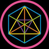 A colorful geometric shape in a pink circle on a black background