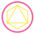 A yellow triangle in a pink circle on a white background.