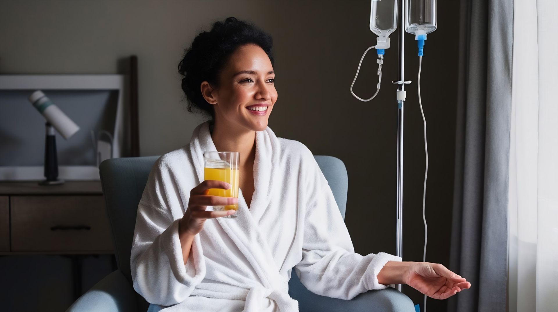 Woman in a white robe holding a drink beside an IV stand, smiling in a hospital room.