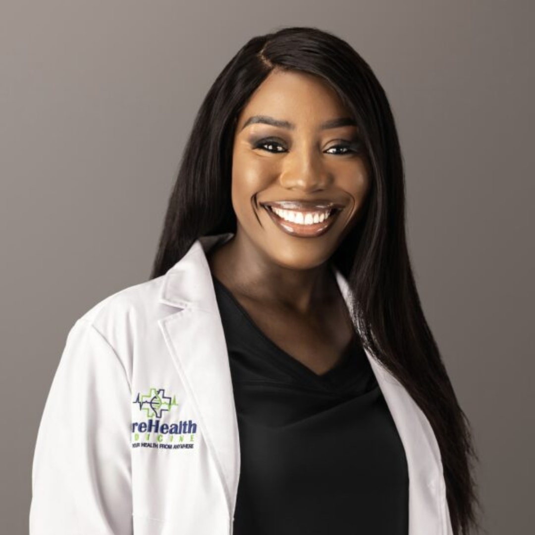 Smiling healthcare professional in white coat against a gray background