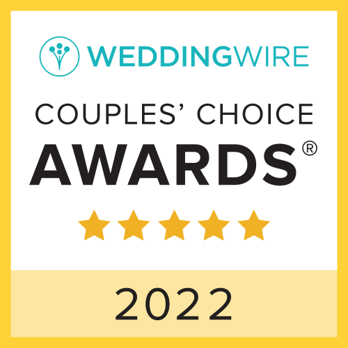 WeddingWire Couples’ Choice Awards badge, 2022, with five gold stars on white and yellow background