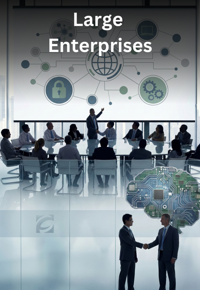 Large Enterprises, large corporation in a meeting room and 2 men in suits shaking hands