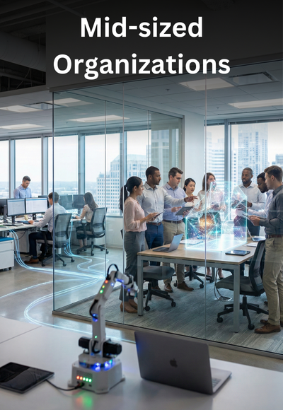 Mid-sized Organizations, group of people in a high-rise modern office.