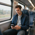 Een man zit in de trein, draagt een koptelefoon en kijkt naar zijn smartphone.