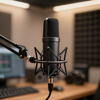 Zwarte podcastmicrofoon op een microfoonarm in een opnamestudio met een wazige computermonitor op de achtergrond.