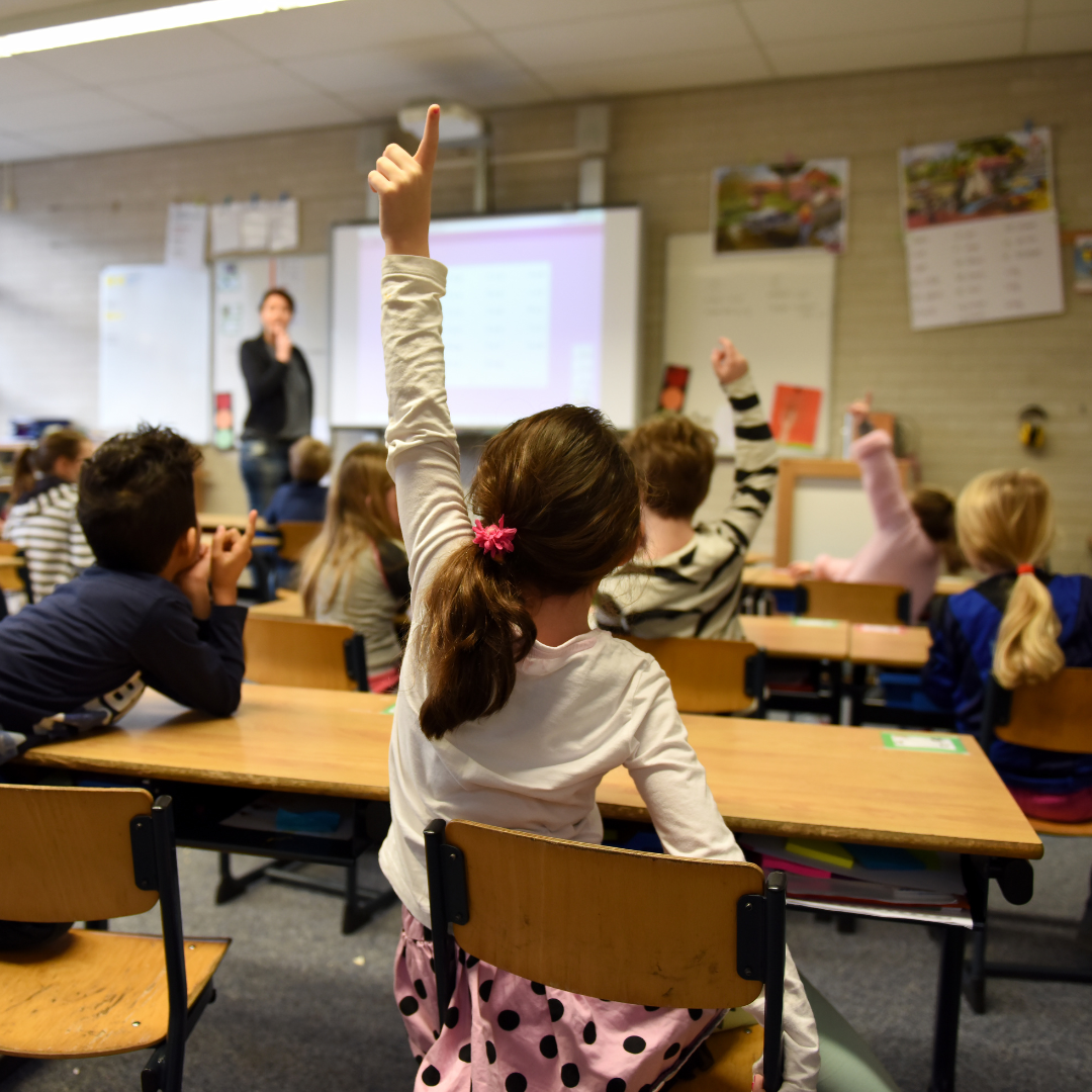 A girl is raising her hand in a classroom to answer a question