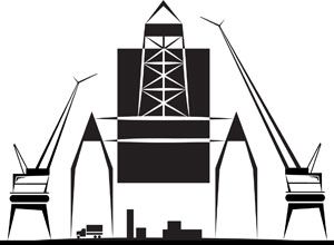 a black and white drawing of a building with cranes and a truck .