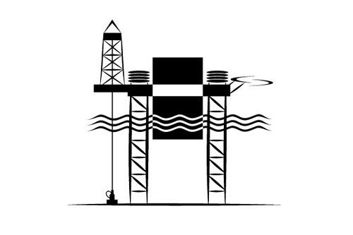 A black and white drawing of an oil rig in the ocean.