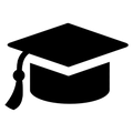 A black and white silhouette of a graduation cap with a tassel.