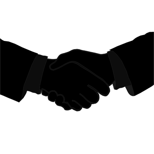 A silhouette of two people shaking hands on a white background.