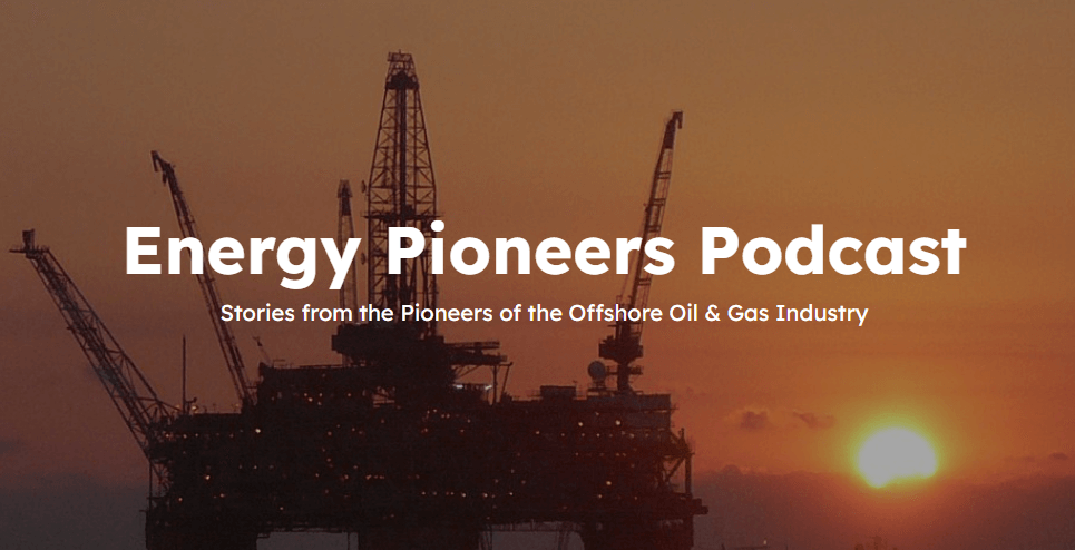 A silhouette of an oil rig at sunset with the words `` energy pioneers podcast '' above it.