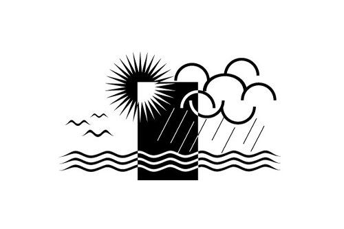 A black and white illustration of a sun , clouds , rain and waves.