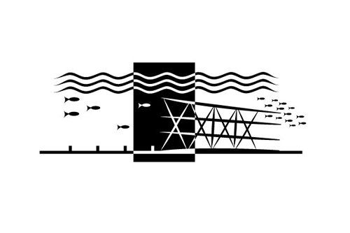 A black and white drawing of a building in the water with fish swimming around it.