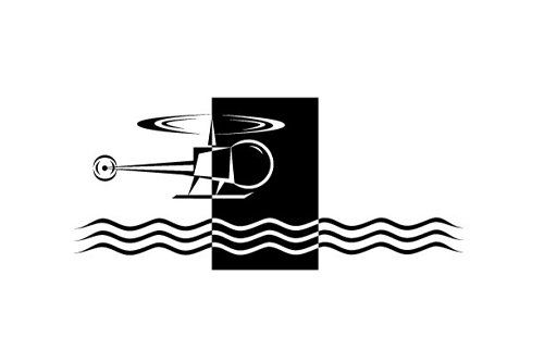 A black and white drawing of a helicopter flying over water.