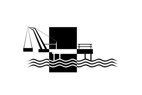 A black and white drawing of a dock with a crane in the water.