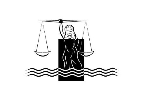 A black and white drawing of a woman holding scales of justice.
