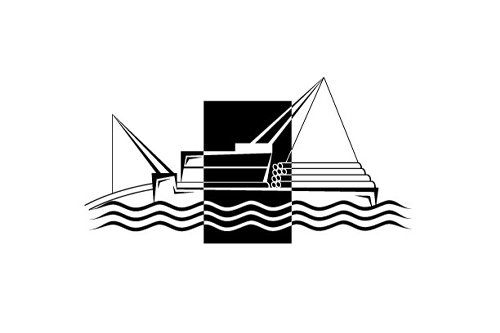 A black and white drawing of a boat and a crane in the water.