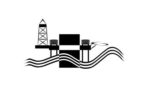 A black and white illustration of an oil rig in the ocean.