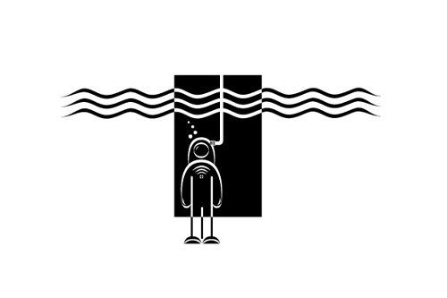 a black and white illustration of a man hanging from a rope in the water .