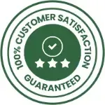 A green customer satisfaction guaranteed stamp with three stars and a check mark.