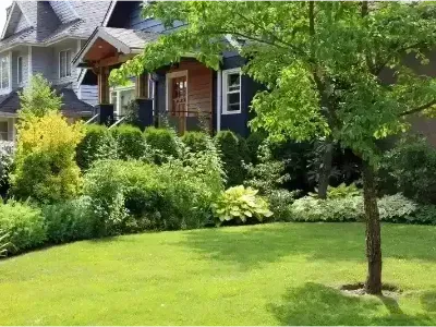 A house with a lush green lawn in front of it