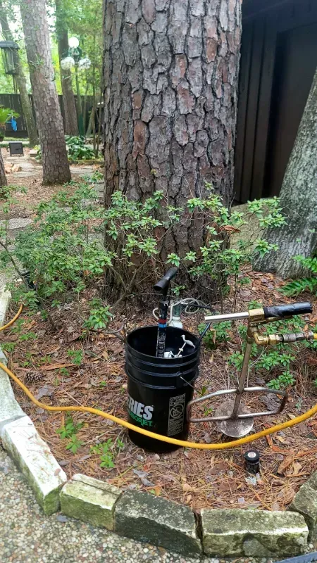 A black bucket is sitting on the ground next to a tree.