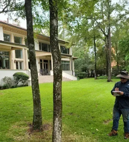 A man is standing next to a tree in a yard.
