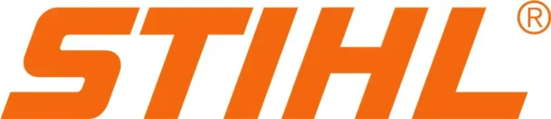 The stihl logo is orange and white on a white background