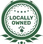 A green circle with the words `` locally owned '' written inside of it.