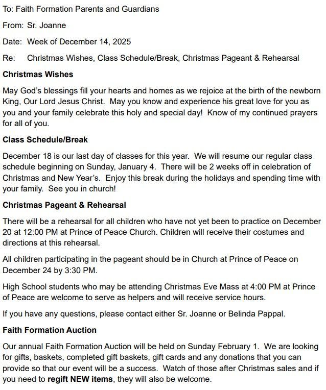 Letter from Sr. Joanne to parents/guardians, announcing class break, pageant rehearsal, and a faith formation auction.