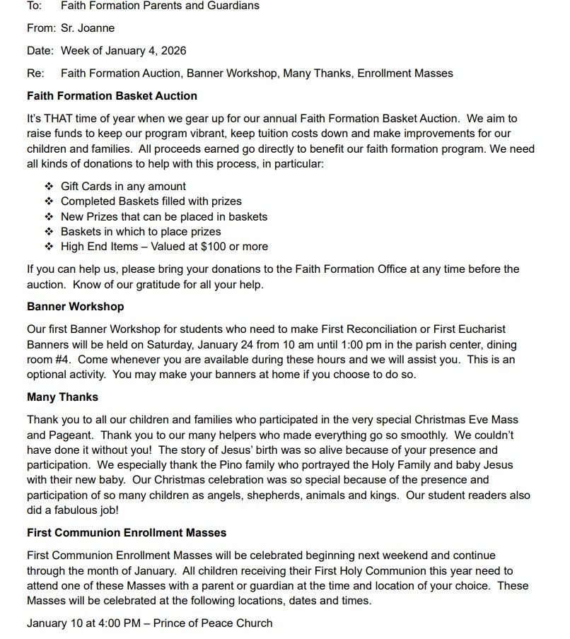 A letter from Joanne regarding a Faith Formation Auction, Banner Workshop, and Enrollment.