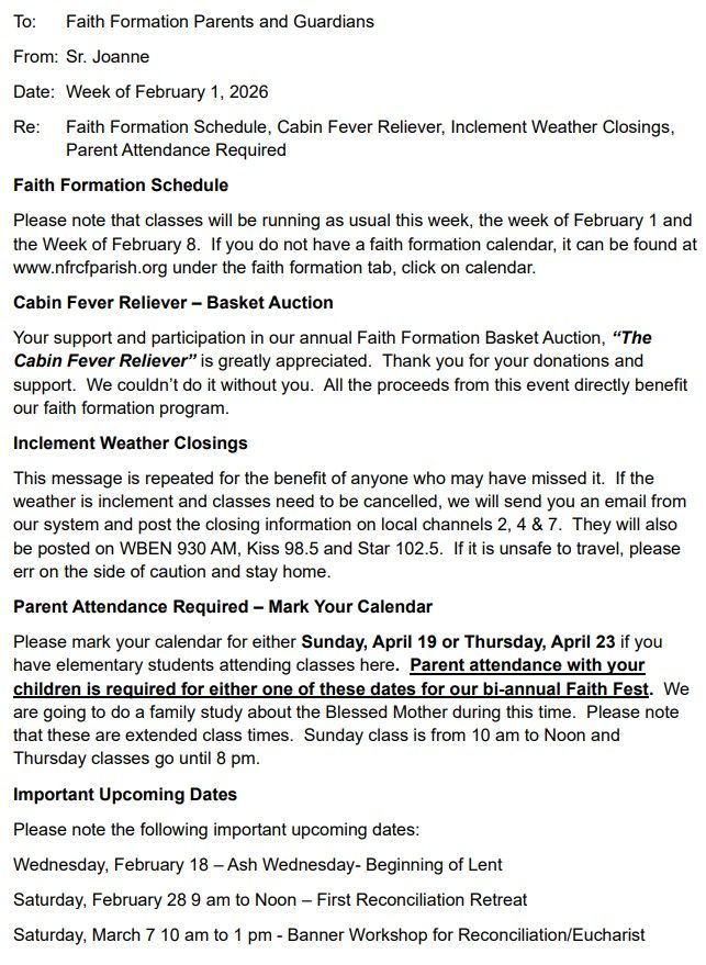 A memo regarding faith formation schedule, parent attendance, and upcoming events.