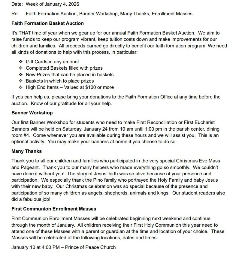 A letter from Joanne regarding a Faith Formation Auction, Banner Workshop, and Enrollment.