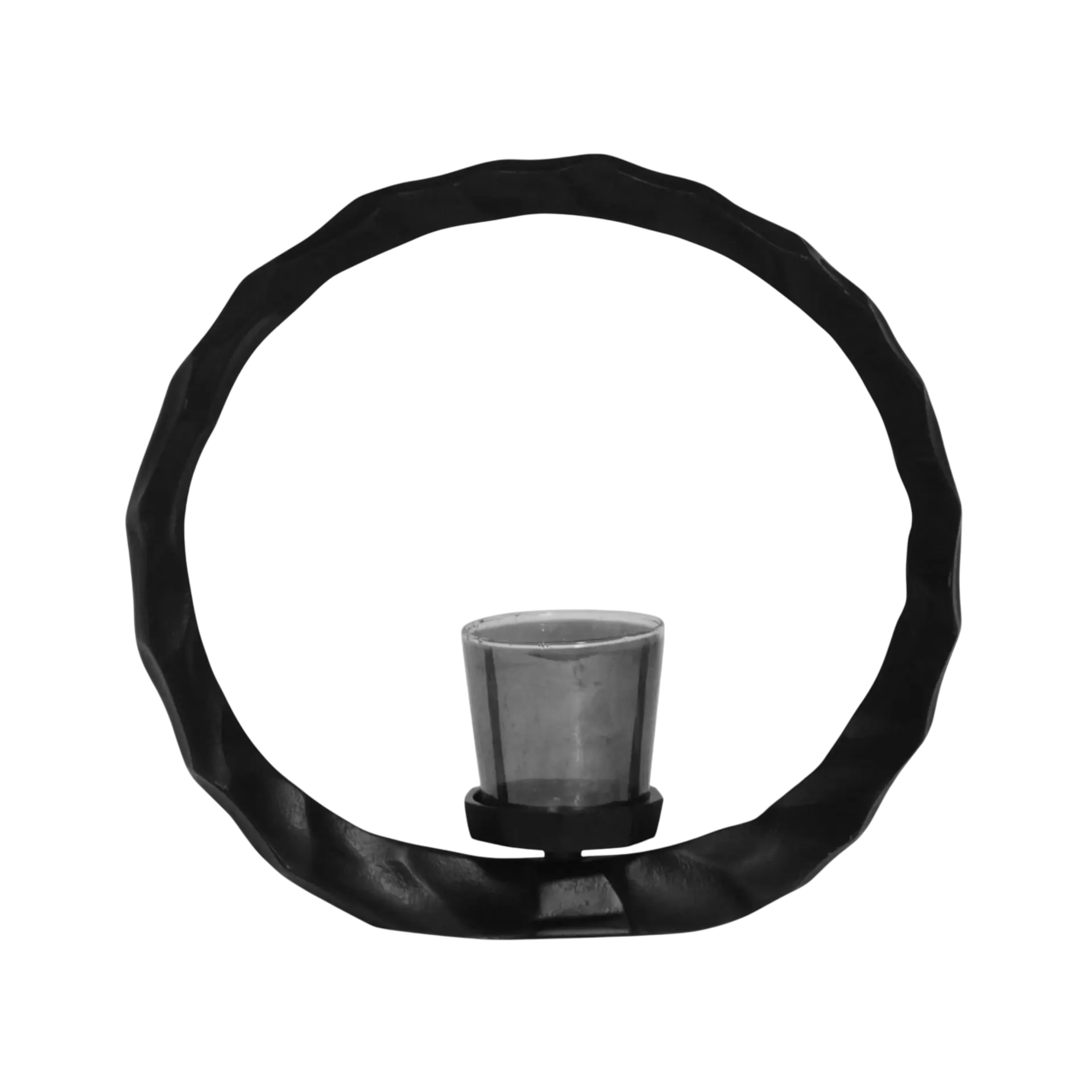 Een zwart, rond frame met een klein grijs prullenbakje in het midden onderaan.