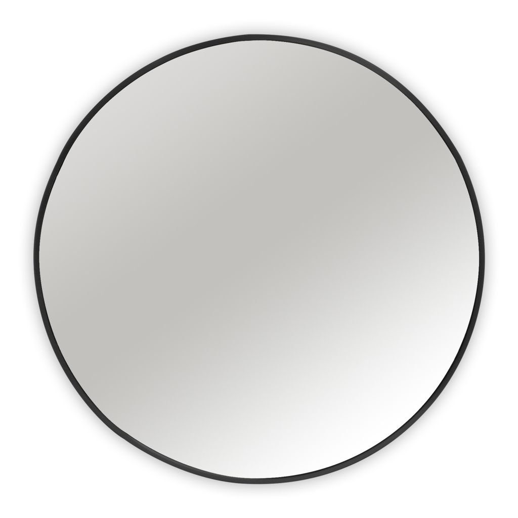 Een ronde wandspiegel met een dunne, donkere lijst tegen een effen achtergrond.