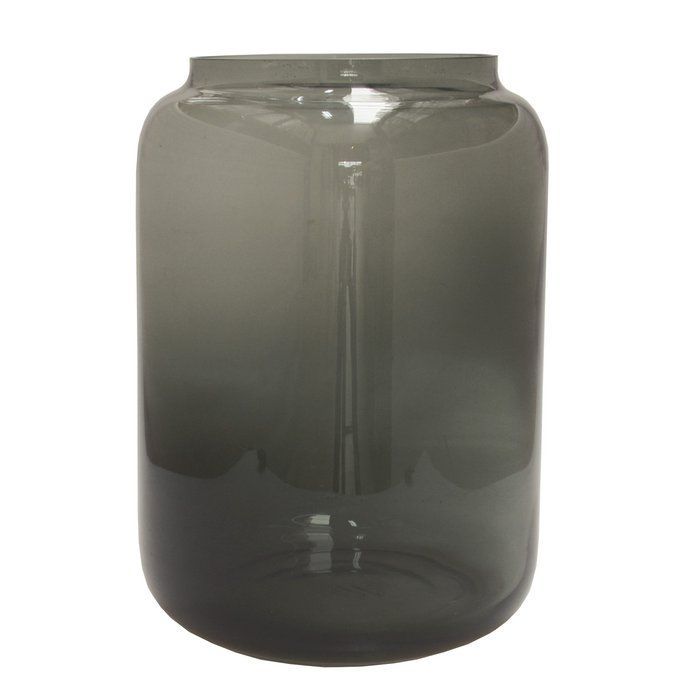 Grijze glazen vaas, cilindervormig, met een iets bredere opening.