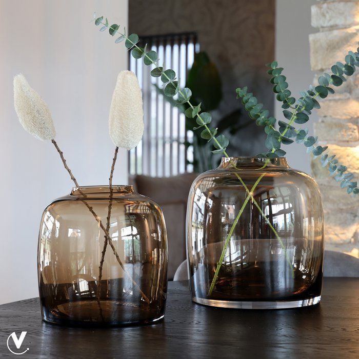 Twee bruine glazen vazen ​​met planten op een tafel; op de achtergrond zijn een raam, een bank en een muur te zien.