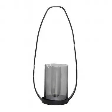 Zwarte metalen lantaarn met een grijze glazen cilinder voor een kaars.