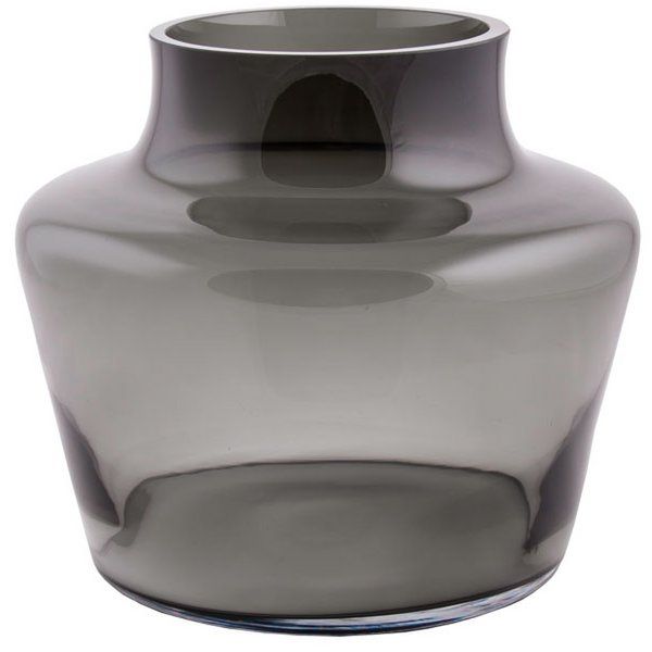 Grijze glazen vaas met een brede voet en een smallere hals.