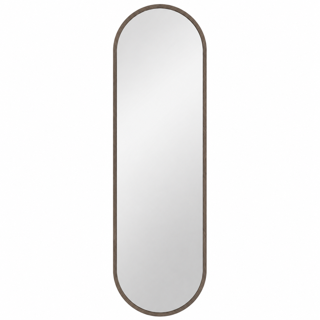 Verticale, afgeronde rechthoekige spiegel met een grijs reflecterend oppervlak en een bruin frame.