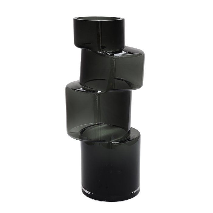 Vaas van gerookt glas, bestaande uit gestapelde en gedraaide cilindrische segmenten, donkergrijs van kleur.