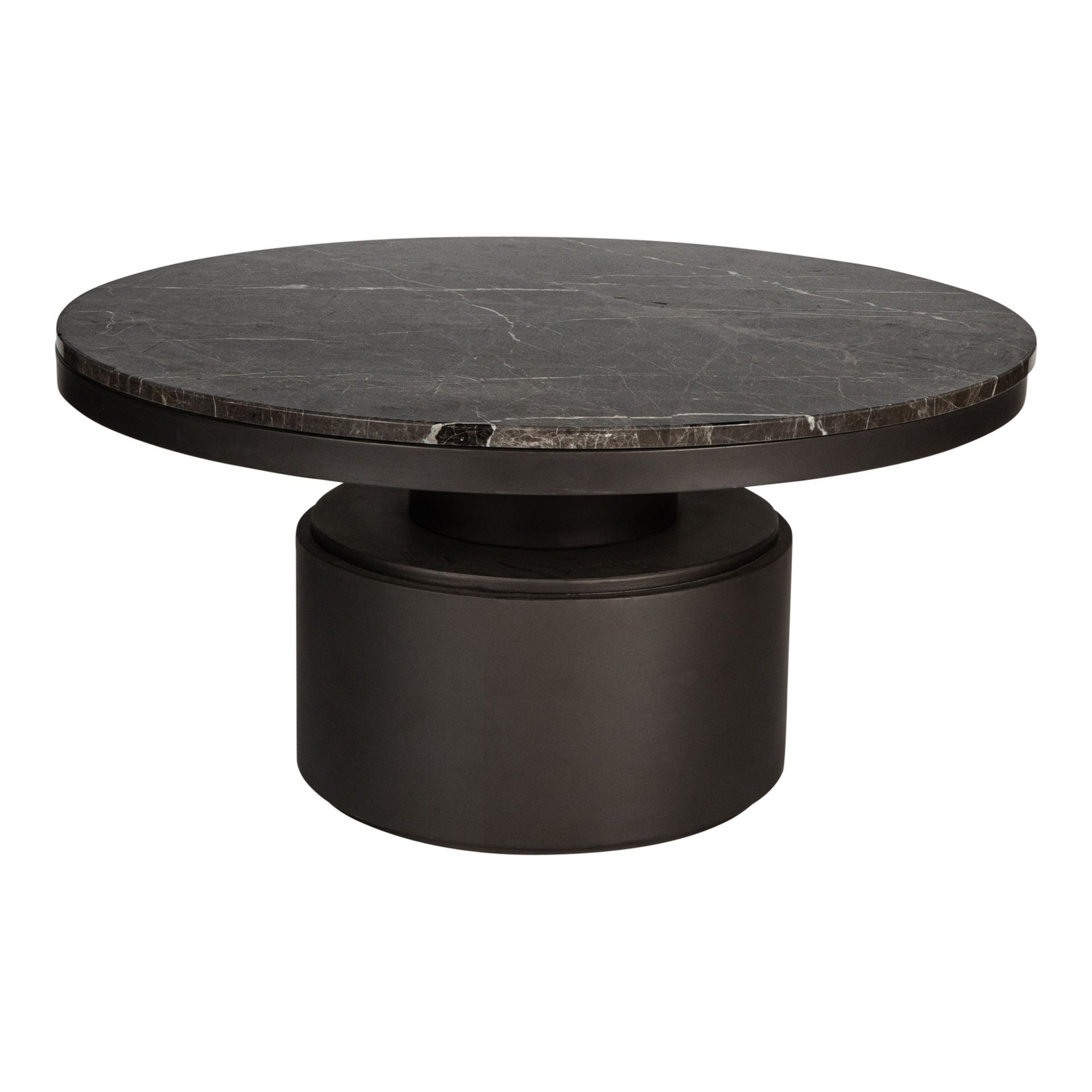Donkere ronde sokkeltafel met een plat blad en cilindrische voet op een witte achtergrond.