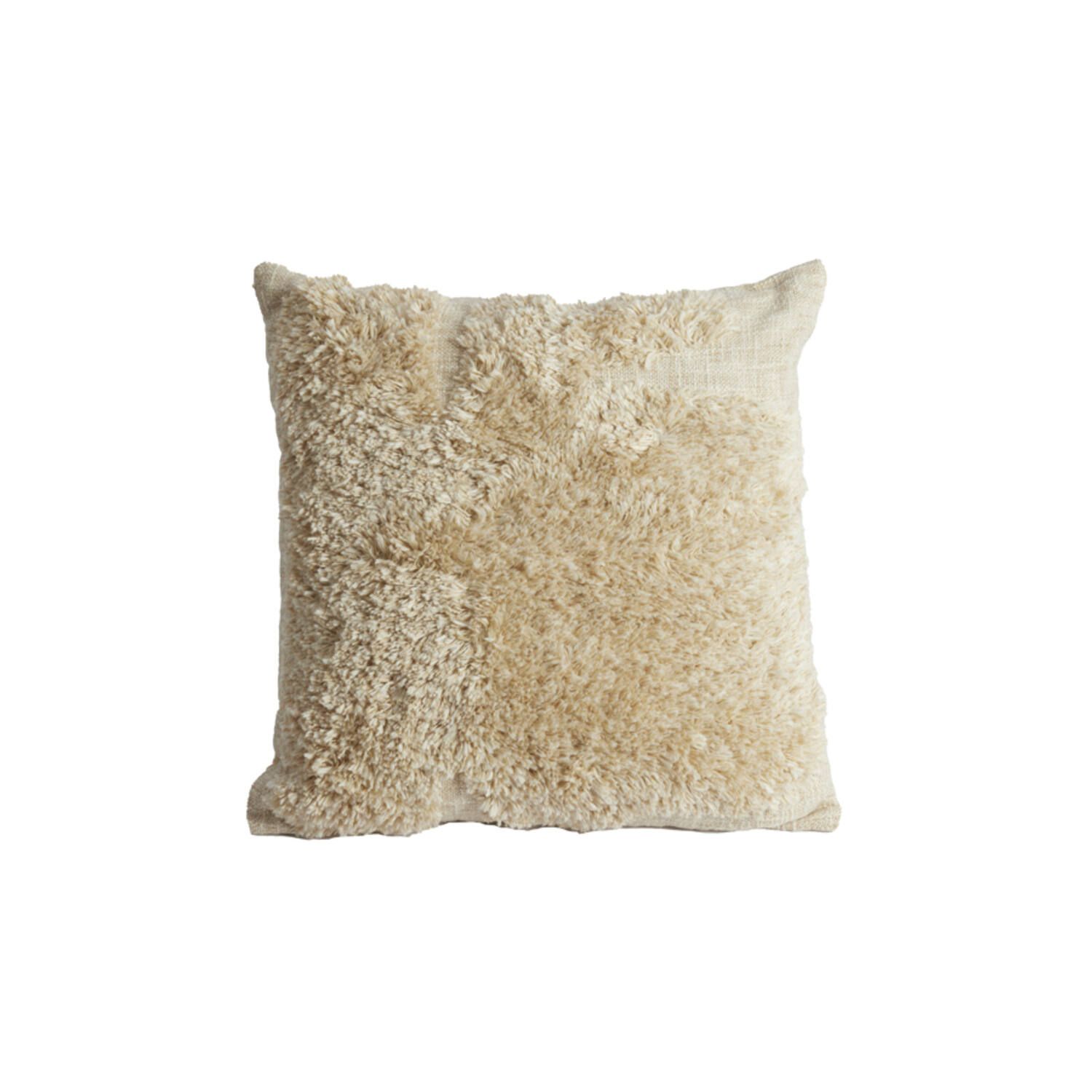 Vierkant, pluizig, crèmekleurig sierkussen met ritssluiting.