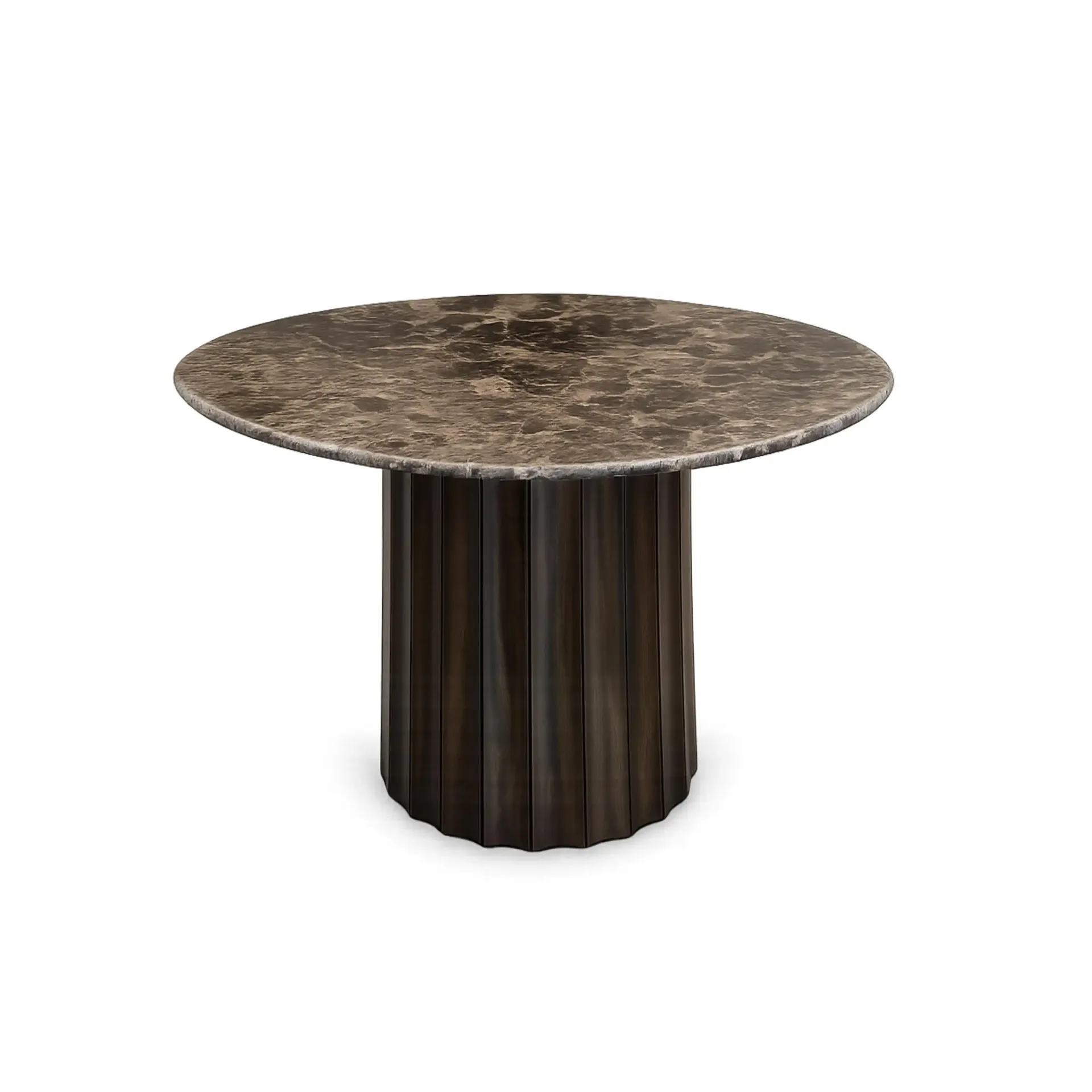 Ronde tafel met marmeren blad en een donkerhouten onderstel.