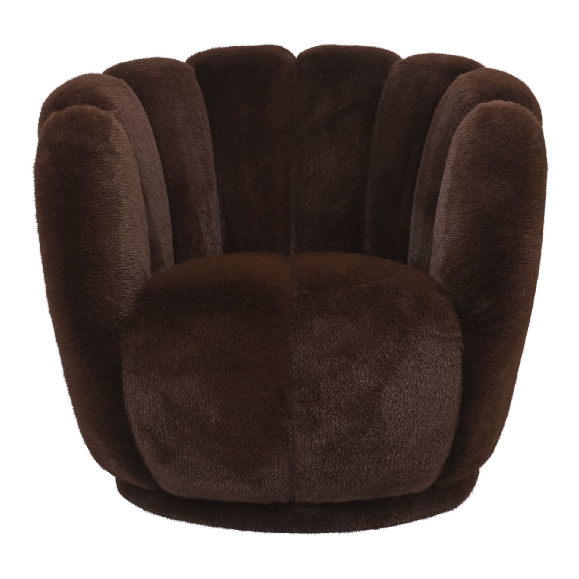 Donkerbruine pluche fauteuil met afgeronde, gecapitonneerde zijkanten, gecentreerd op een witte achtergrond.