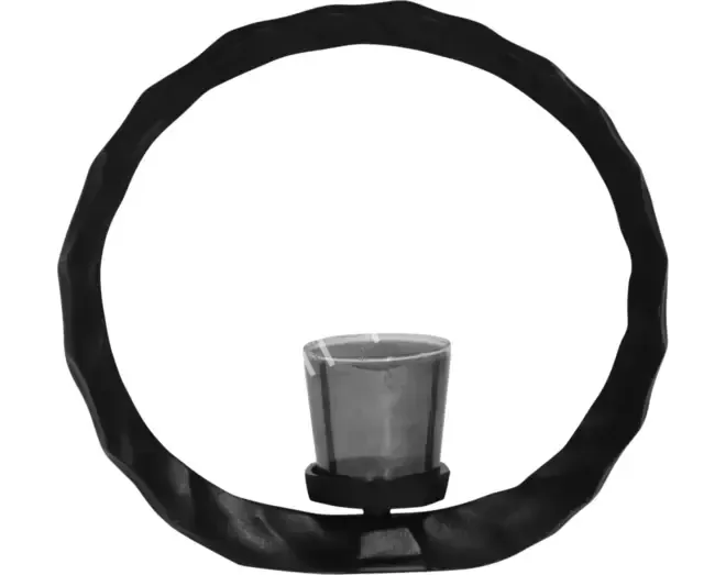 Zwarte metalen kaarsenhouder met een ronde rand, waarin een glazen theelichthouder past.