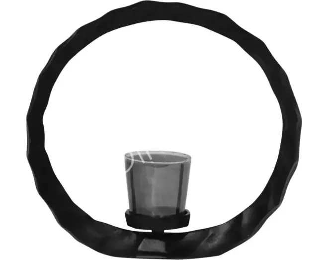 Zwarte metalen kaarsenhouder met een ronde rand, waarin een glazen theelichthouder past.